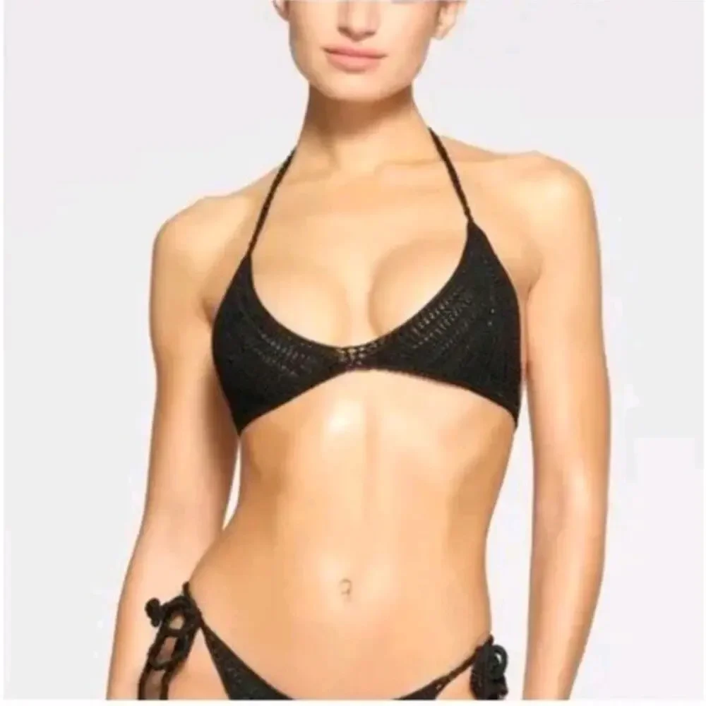 Skims Crochet Swim Triangle Bikini Top M Black Onyx Knit String Boho Beach NWT